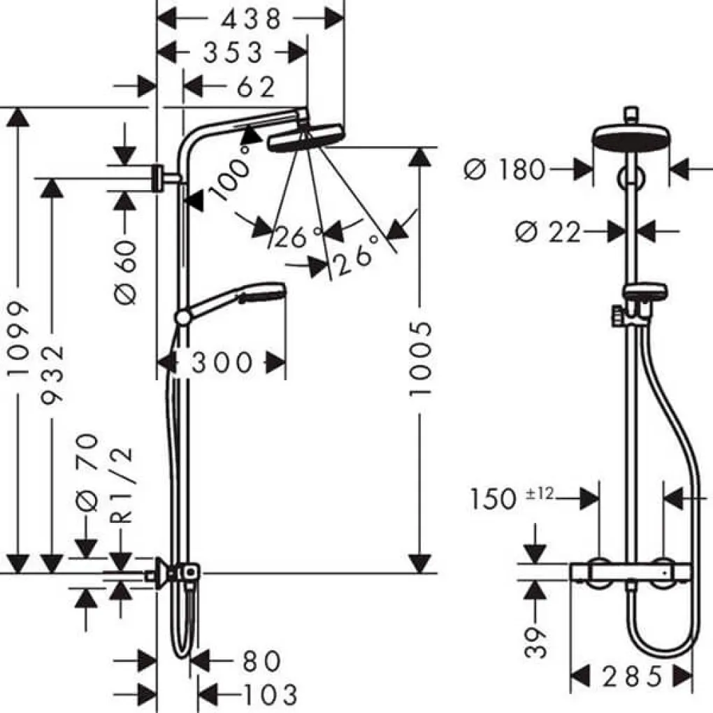 Душова система з термостатом для настінного монтажу  Hansgrohe Crometta Showerpipe 160 1jet (27264400)- Фото 4